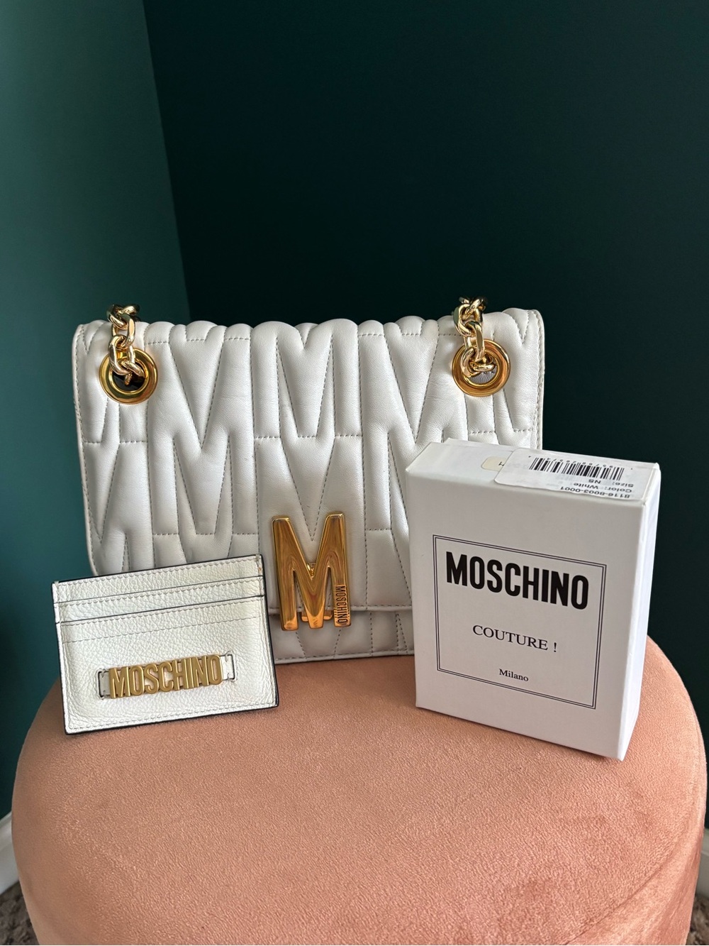 MOSCHINO White Quilted Shoulder Bag with Gold M Accent - includes card case